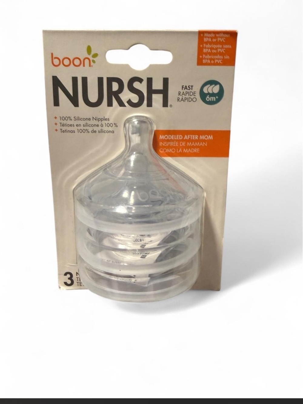NIB Boon NURSH Fast Flow Silicone Nipples 6M+ (Stage 3 Replacement) - 3 Pack